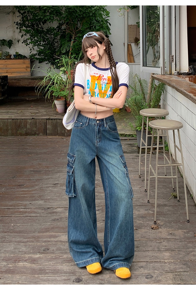 ChicShe Vintage Blue Washed Cargo Jeans For Women New American Retro High Waist Straight Wide Leg Pants_voghion.com
