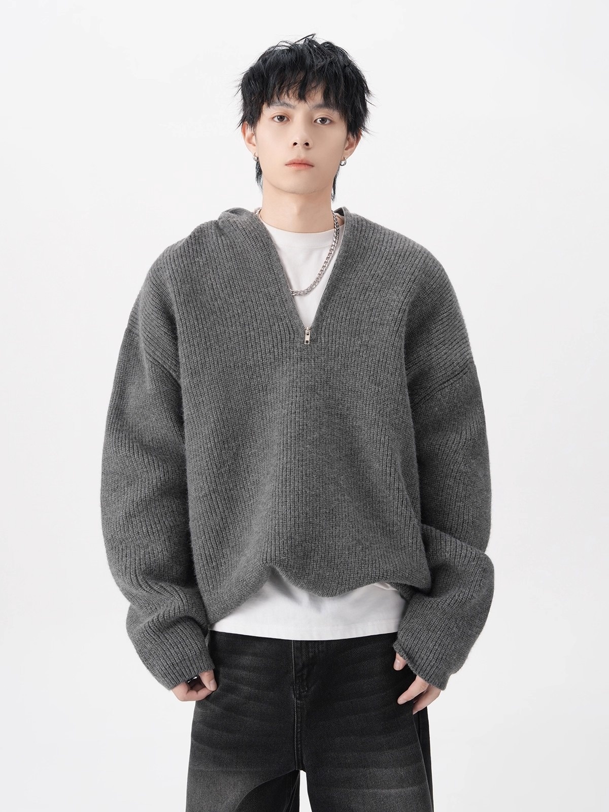 boy Boy Boy Boy Half-Zip Hooded Sweater For Men, Autumn Trendy Loose Cleanfit Knitwear, Lazy High-End Feel Couple's Jacket_voghion.com