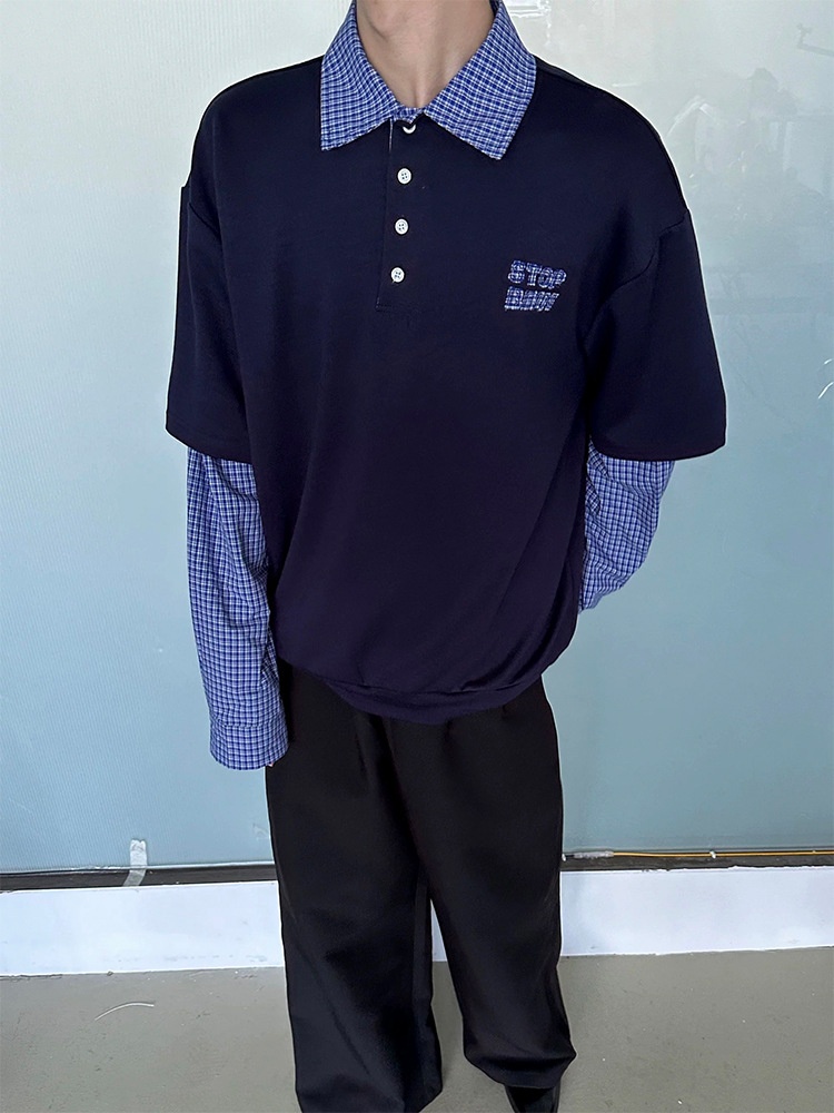 boy Boy Two-Piece American Retro Polo For Men, Spring And Autumn Style, Trendy Brand, High-End Sweatshirt, Plaid Patchwork_voghion.com