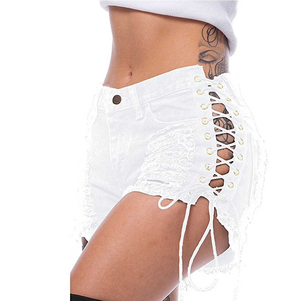 ChicShe Beggar Ripped Jeans Eyelet Bandage Europese en Amerikaanse stijl Nachtclub Sexy Dames Hotpants_voghion.com
