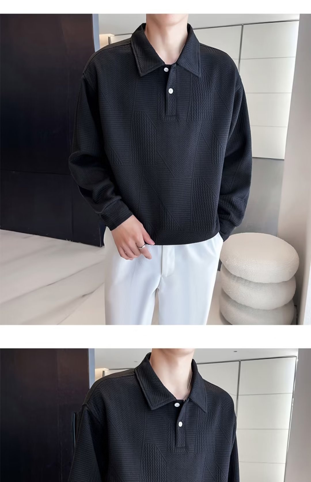 Polo da uomo con colletto rovesciato, modello primavera-autunno a nido d'ape, elegante e alla moda, versatile, casual e matura_voghion.com