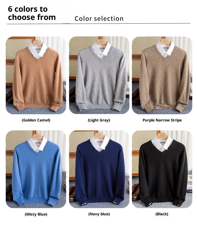 Maglione spesso da uomo in pura lana con scollo a V, autunno inverno 2024, nuovo modello casual da lavoro, con scollo a cuore_voghion.com