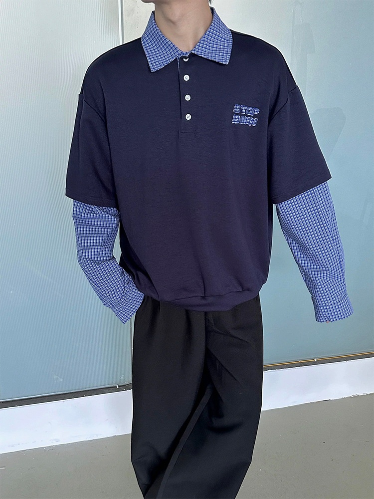 boy Boy Two-Piece American Retro Polo For Men, Spring And Autumn Style, Trendy Brand, High-End Sweatshirt, Plaid Patchwork_voghion.com