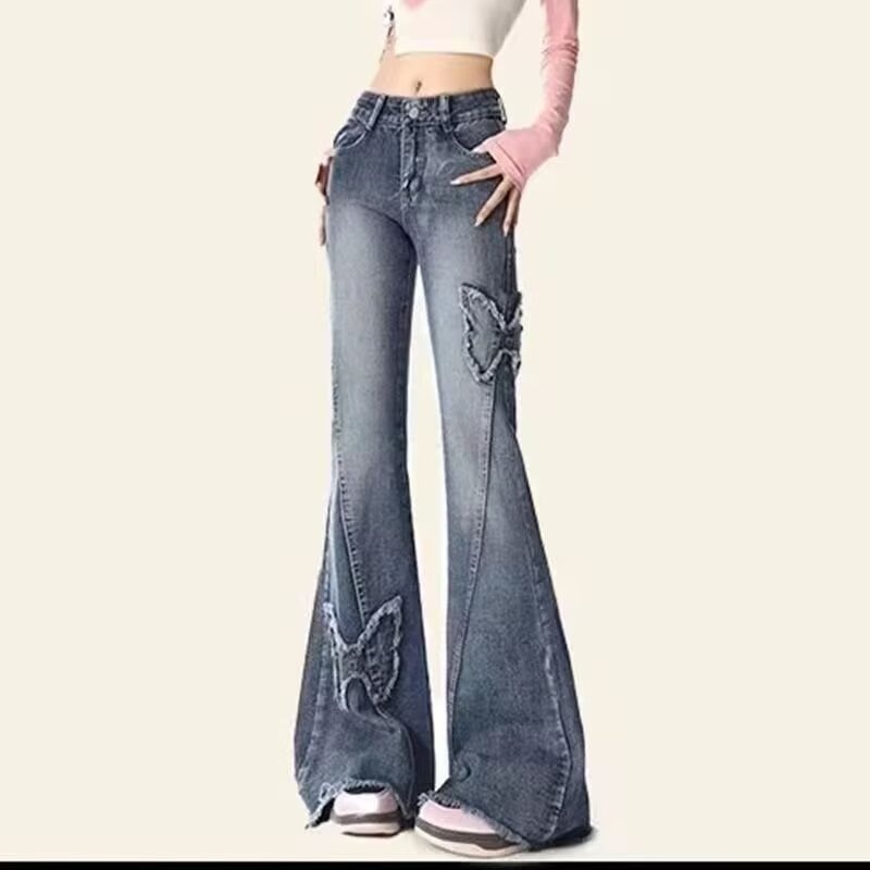 Jean évasé ChicShe Plus style américain tendance, broderie papillon, pour femme, été, grandes tailles, pantalon amincissant à jambes larges_voghion.com