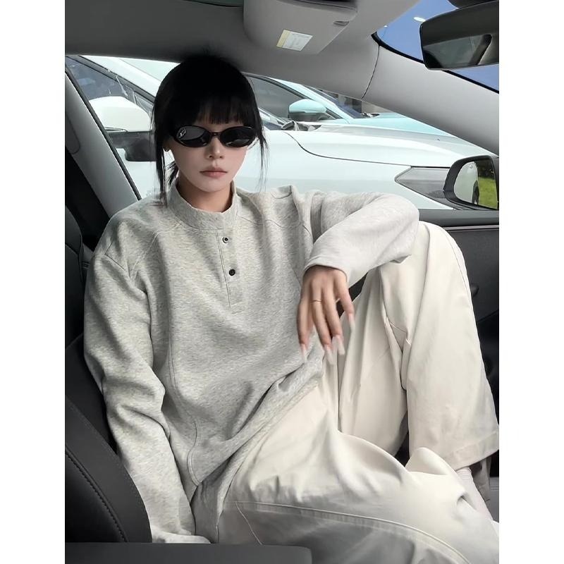 boy Henry Collar Regular Shoulder Sweatshirt For Men, Autumn Cleanfit American Style Deconstructed Patchwork Design Long_voghion.com