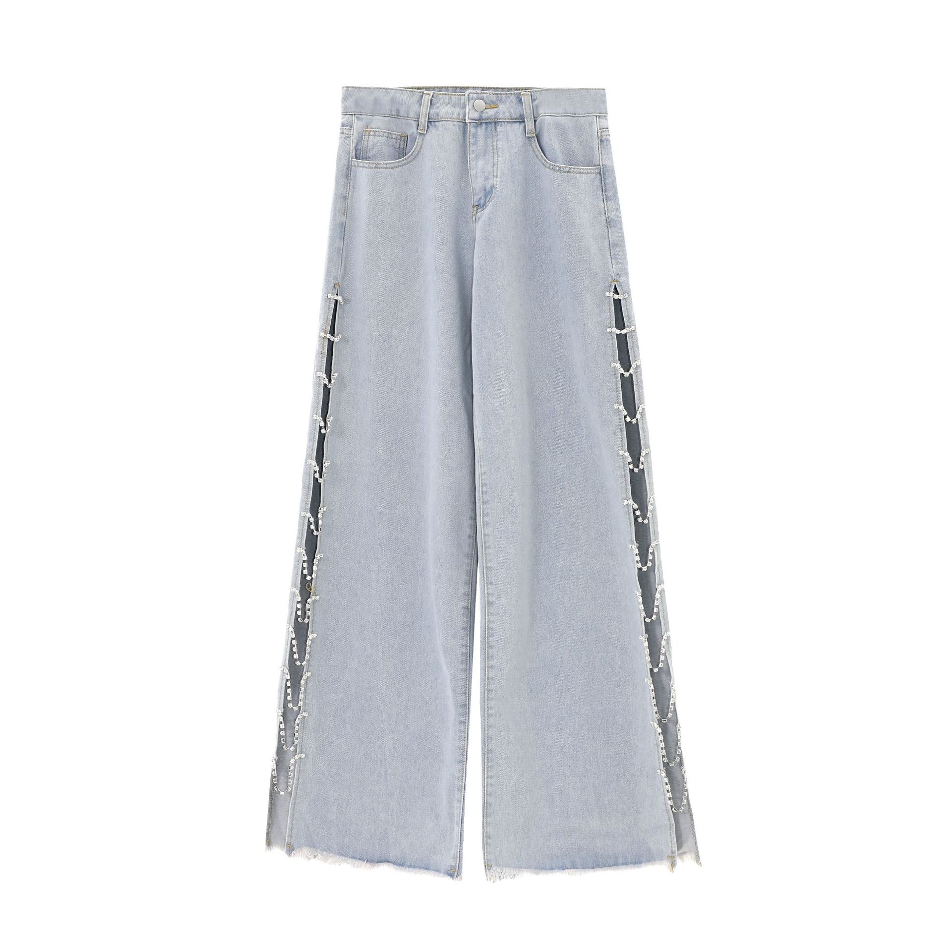 ChicShe ChicShe Design Sense INS Hot Girl Hollow Out Jeans Dames Zomer Lage Taille Wijde Pijpen Gedrapeerde Diamant Uitlopende Lange Broek Dames_voghion.com