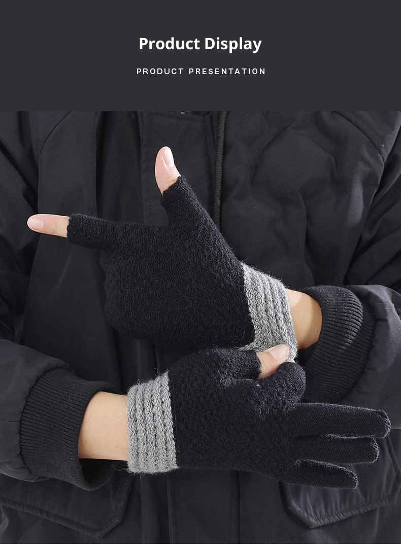 Guanti invernali da uomo e da donna, a due dita, per ufficio, per scrivere, senza dita, caldi, in maglia a blocchi di colore, con dita divise_voghion.com