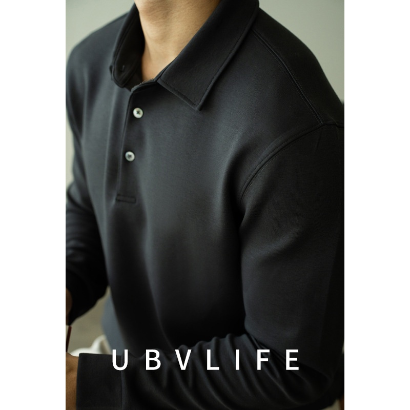 Polo da uomo a maniche lunghe con colletto rovesciato, stile business casual, stile pendolare, modello Boy, pesante, double-face, a strati d'aria, primavera 2025_voghion.com