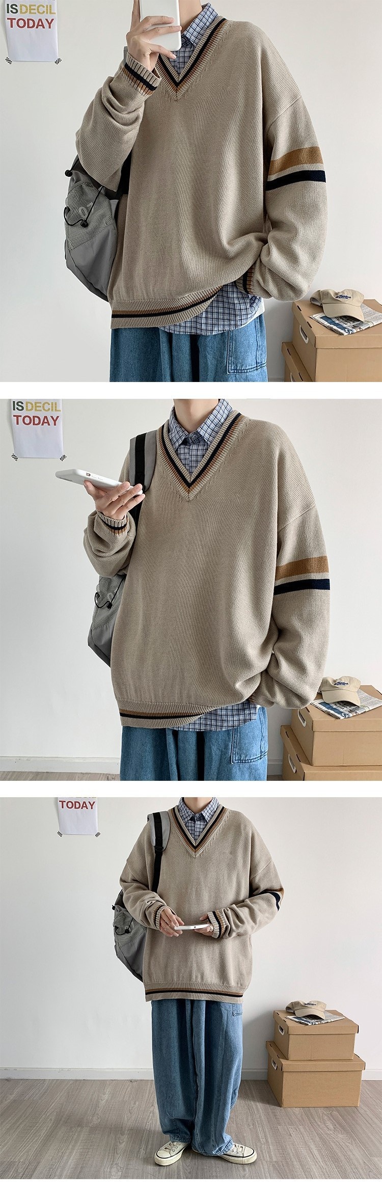 boy Boy Boy Boy Autumn Winter Sweater Men V-Neck Japanese Retro Loose Korean Style Pullover Casual Trendy Brand BF Color Block Knitwear_voghion.com