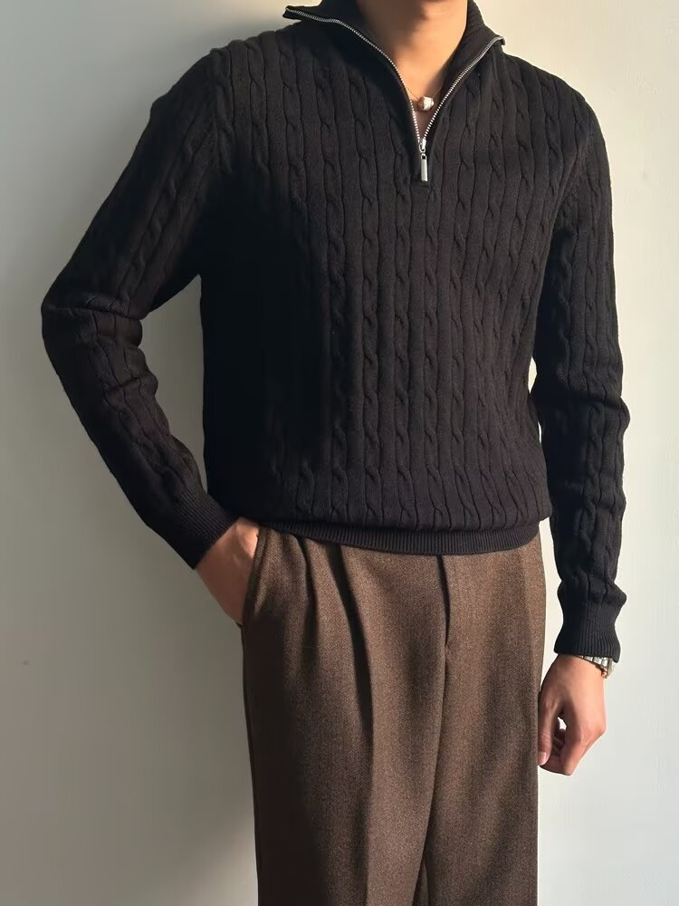 Pull demi-zip pour homme, collection automne 2024, style coréen, polyvalent, en maille épaisse à torsades, col rabattu._voghion.com