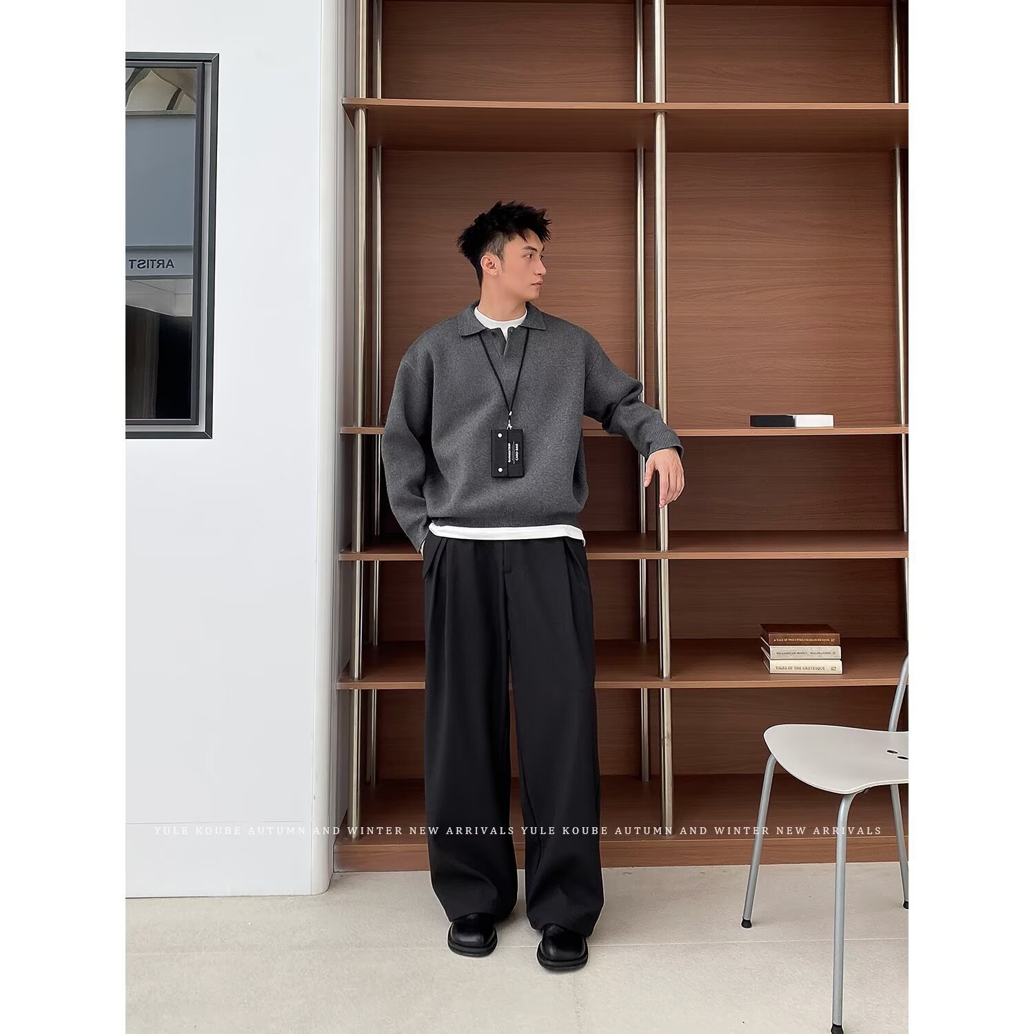 boy Boy Boy Boy Gray Polo Sweater Lazy High-End Feel Winter Heavyweight Turn-Down Collar Knitwear Men's American Cleanfit Jacket_voghion.com