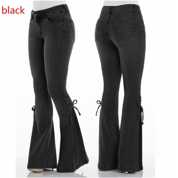 ChicShe Dames Europese en Amerikaanse stijl Mid-Waist Veterbroek Denim Stretchy Flared Jeans_voghion.com