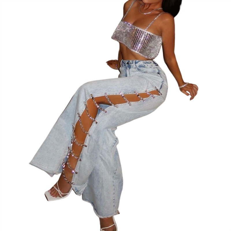 ChicShe ChicShe Design Sense INS Hot Girl Hollow Out Jeans Dames Zomer Lage Taille Wijde Pijpen Gedrapeerde Diamant Uitlopende Lange Broek Dames_voghion.com