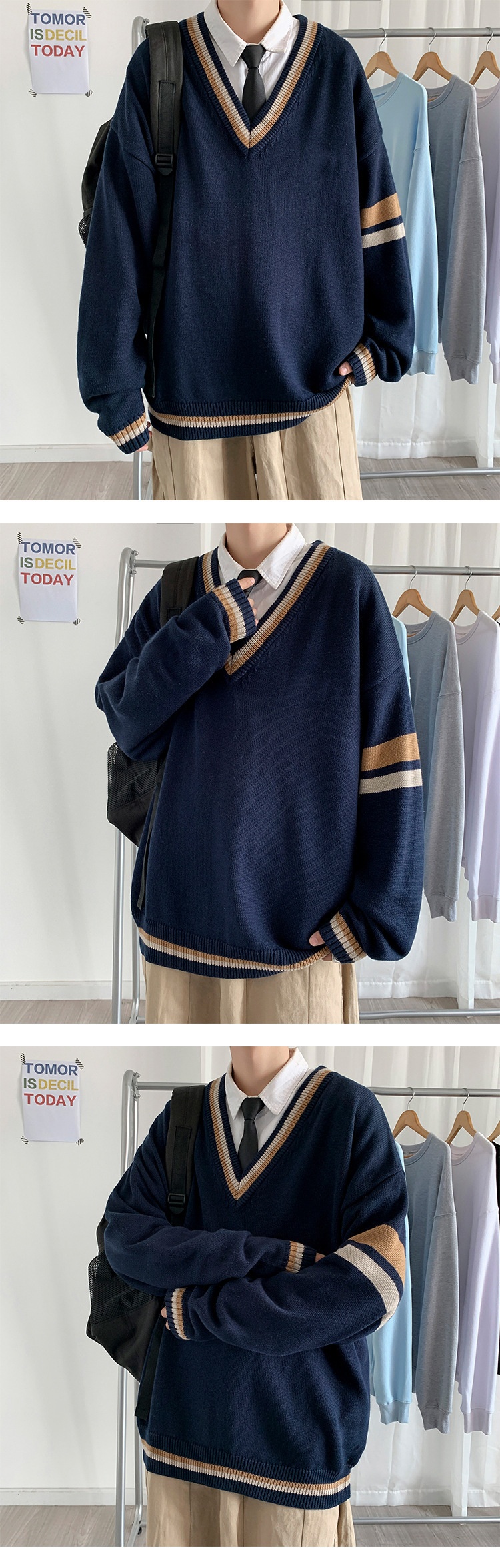 boy Boy Boy Boy Autumn Winter Sweater Men V-Neck Japanese Retro Loose Korean Style Pullover Casual Trendy Brand BF Color Block Knitwear_voghion.com