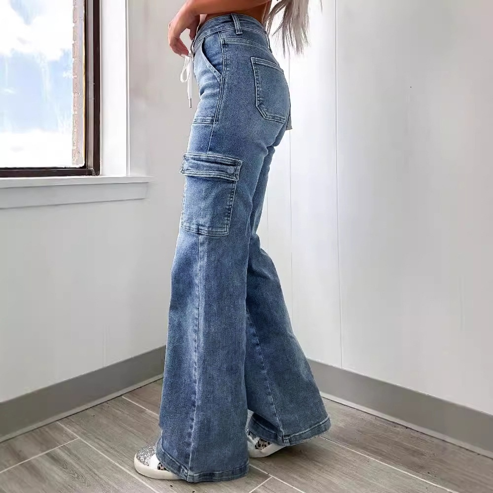 ChicShe Vendita diretta in fabbrica 2025 Nuovi jeans a gamba dritta da donna in stile americano, casual, con lacci, multitasche, funzionali, cargo_voghion.com