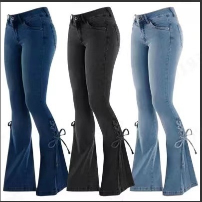 ChicShe Dames Europese en Amerikaanse stijl Mid-Waist Veterbroek Denim Stretchy Flared Jeans_voghion.com
