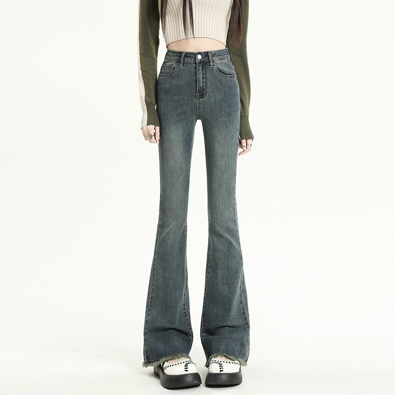 ChicShe Vintage High-Waisted Jeans voor dames 2025 Herfst Nieuwe Small Slim Fit Gerafelde Uitlopende Broek_voghion.com