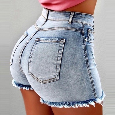 ChicShe Cross-Border Denim Shorts Stretch Tassel Ripped High Waist Hot Pants Damesjeans_voghion.com