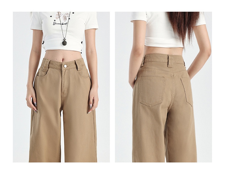 ChicShe Hong Kong-stijl rechte jeans voor dames, zomer, nieuwe high-end Latte Brown losse, afslankende, wijde broek tot op de grond_voghion.com