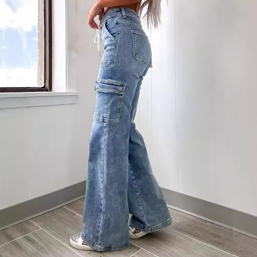 ChicShe Vendita diretta in fabbrica 2025 Nuovi jeans a gamba dritta da donna in stile americano, casual, con lacci, multitasche, funzionali, cargo_voghion.com