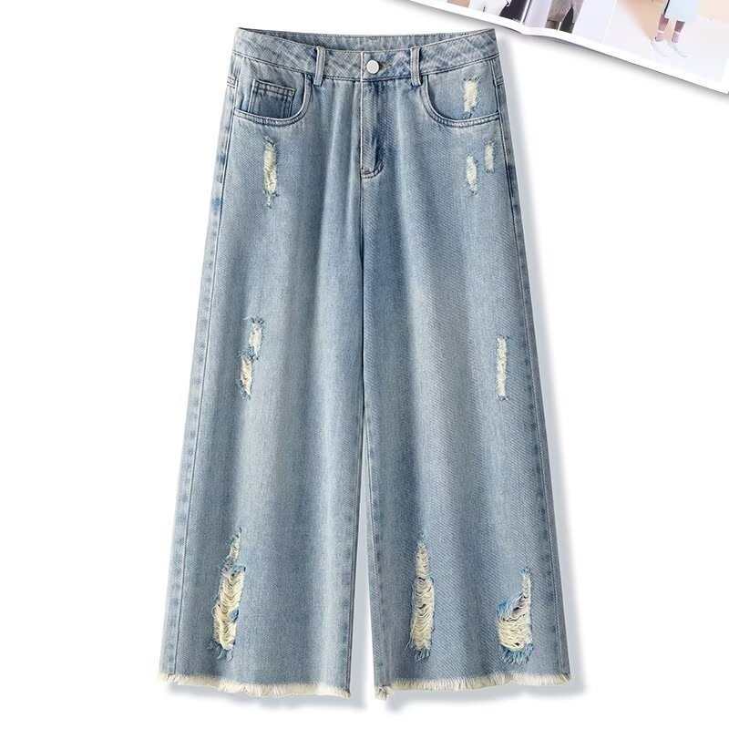 ChicShe Light Color Ripped Jeans Women 2024 New Summer Thin High Waist Loose Straight-leg Wide Leg Cropped Pants_voghion.com