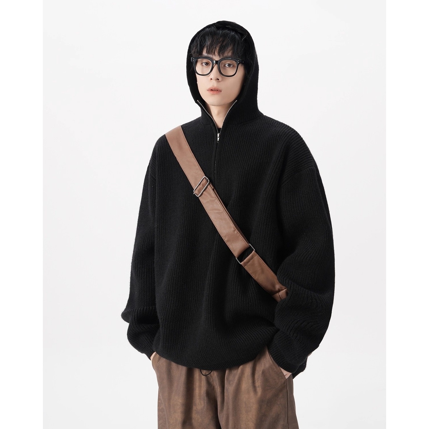 boy Boy Boy Boy Half-Zip Hooded Sweater For Men, Autumn Trendy Loose Cleanfit Knitwear, Lazy High-End Feel Couple's Jacket_voghion.com
