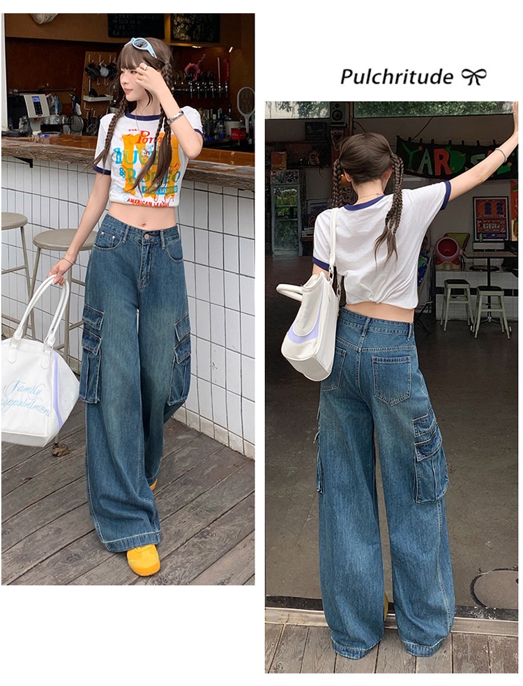 ChicShe Vintage Blue Washed Cargo Jeans For Women New American Retro High Waist Straight Wide Leg Pants_voghion.com