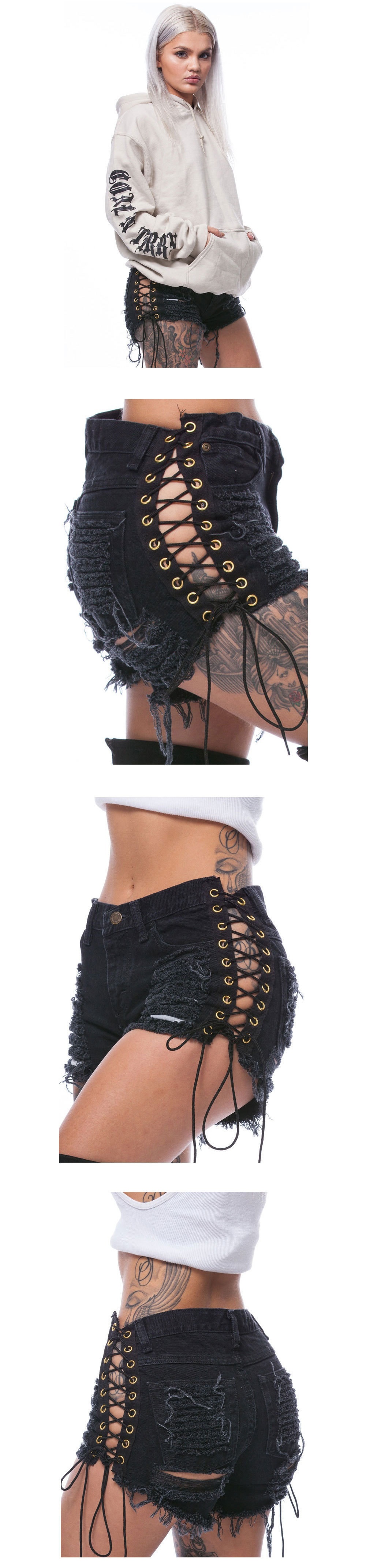 ChicShe Beggar Ripped Jeans Eyelet Bandage Europese en Amerikaanse stijl Nachtclub Sexy Dames Hotpants_voghion.com