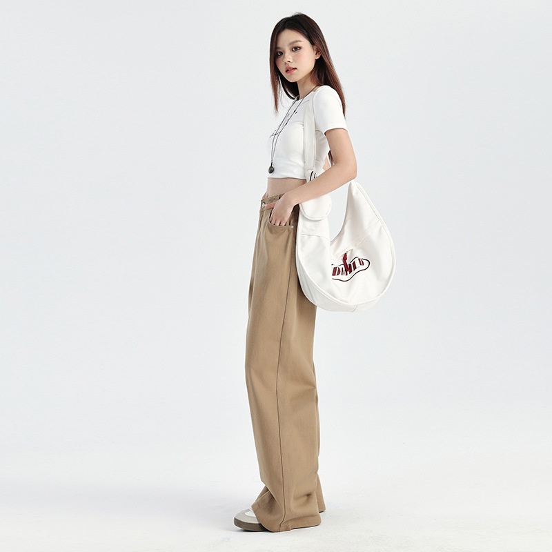 ChicShe Hong Kong-stijl rechte jeans voor dames, zomer, nieuwe high-end Latte Brown losse, afslankende, wijde broek tot op de grond_voghion.com