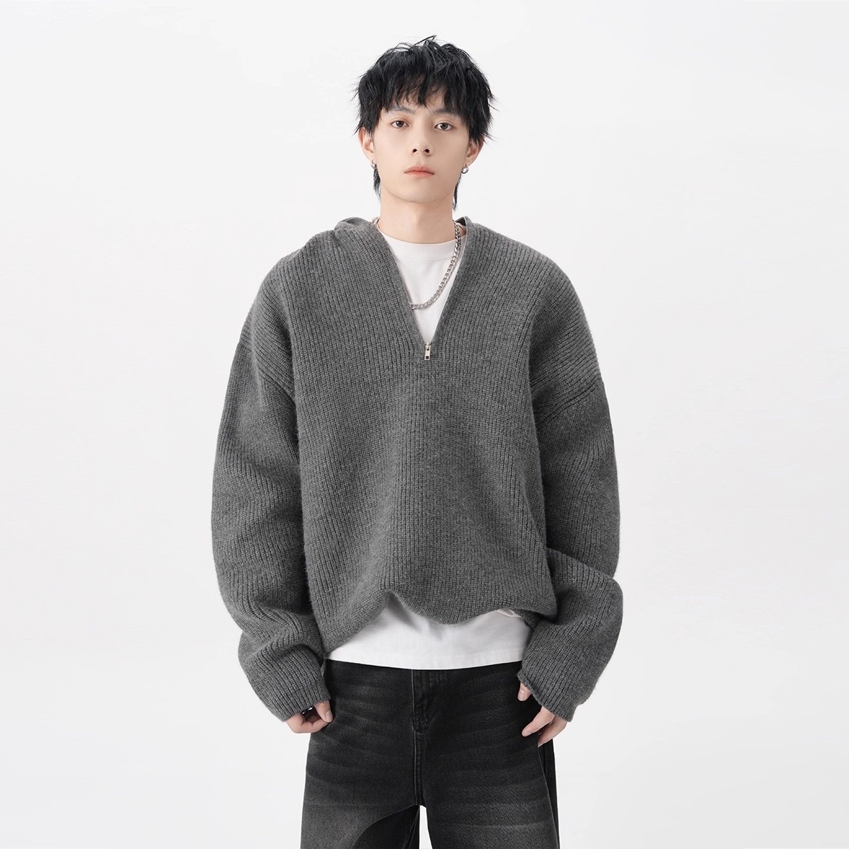boy Boy Boy Boy Half-Zip Hooded Sweater For Men, Autumn Trendy Loose Cleanfit Knitwear, Lazy High-End Feel Couple's Jacket_voghion.com
