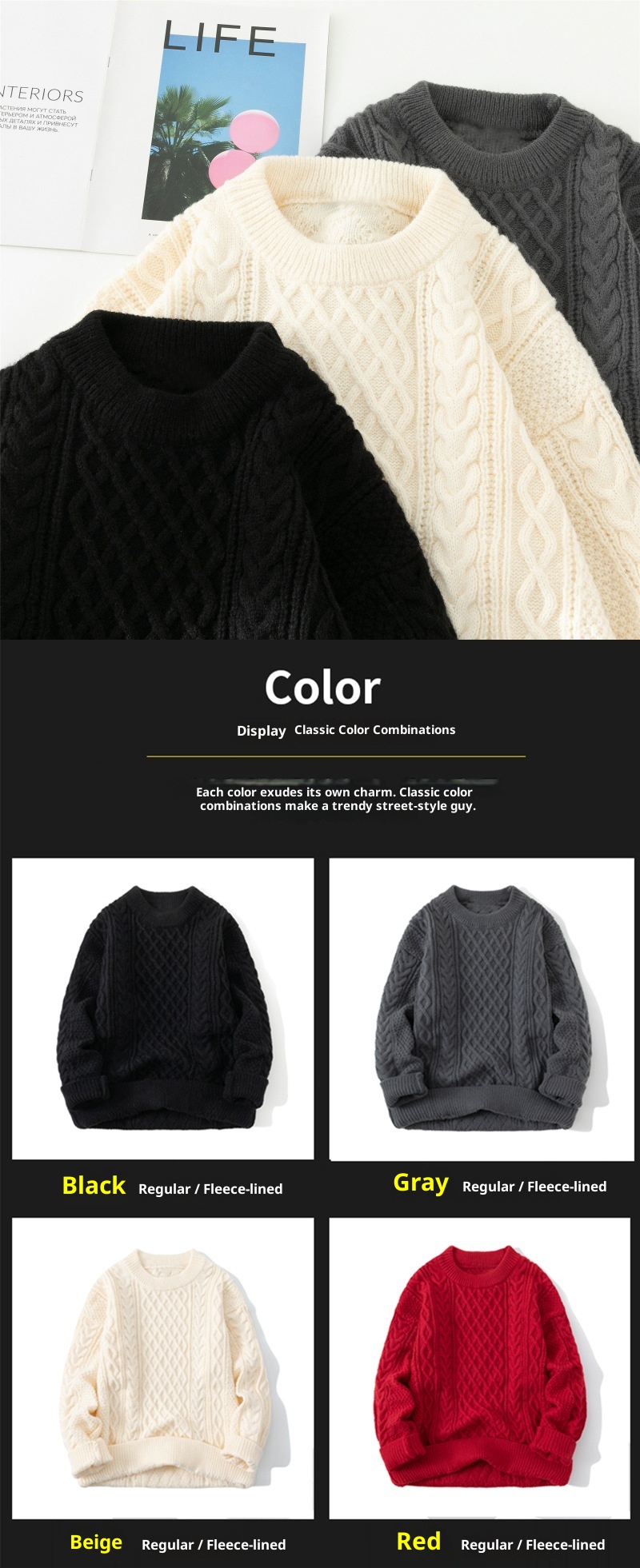 boy Boy Boy Boy Twist Sweater For Men, Autumn And Winter New Retro Japanese Style Round Neck Loose Fit, Fleece Lined, Thickened Sweater,_voghion.com