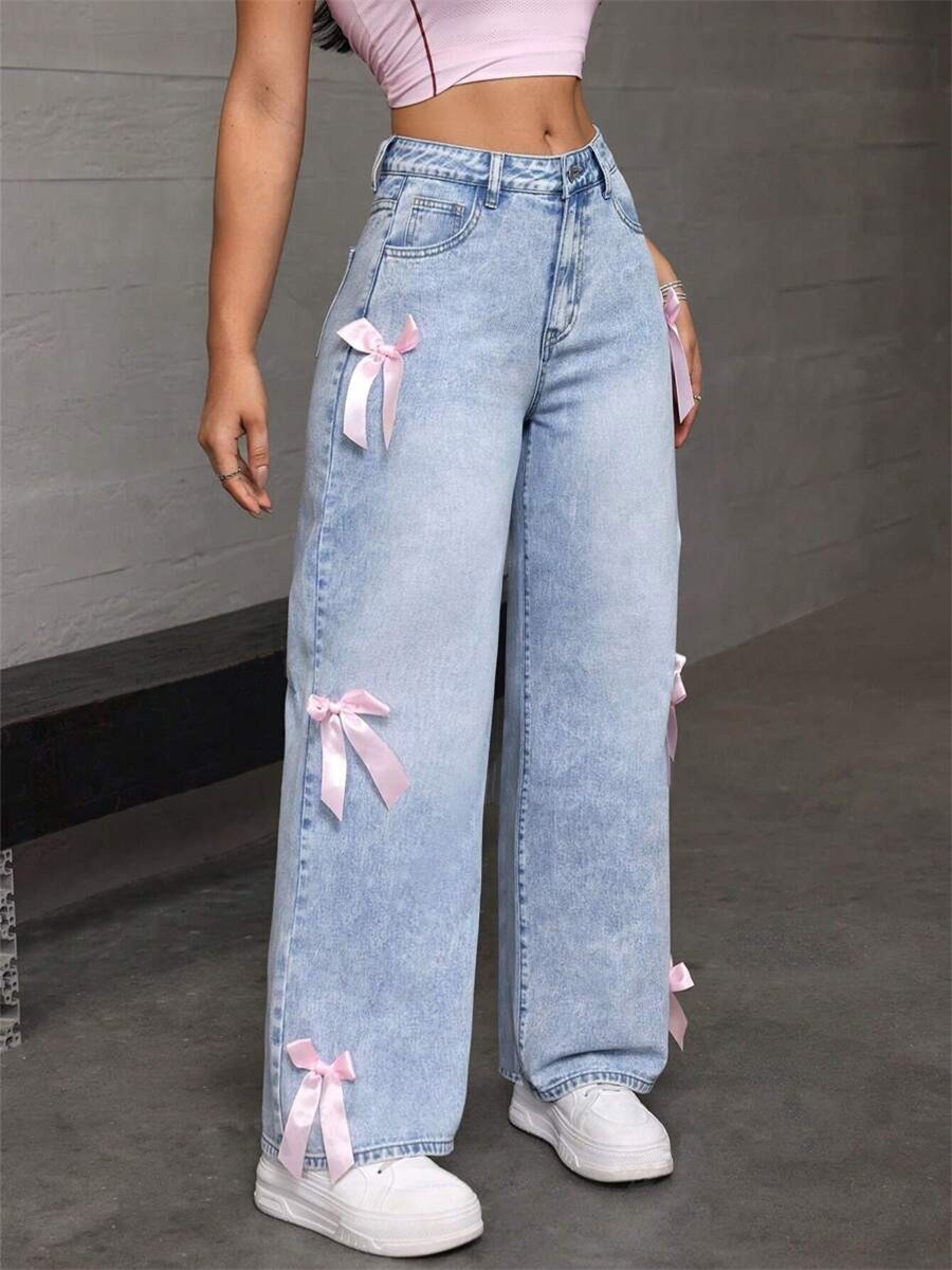 ChicShe Cross-Border Y2K Street Style Hot Girl Bow Washed Jeans Loose Straight Wide-Leg Pants JEANS_voghion.com