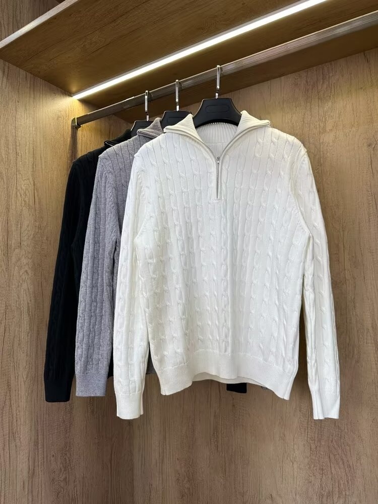 Pull demi-zip pour homme, collection automne 2024, style coréen, polyvalent, en maille épaisse à torsades, col rabattu._voghion.com