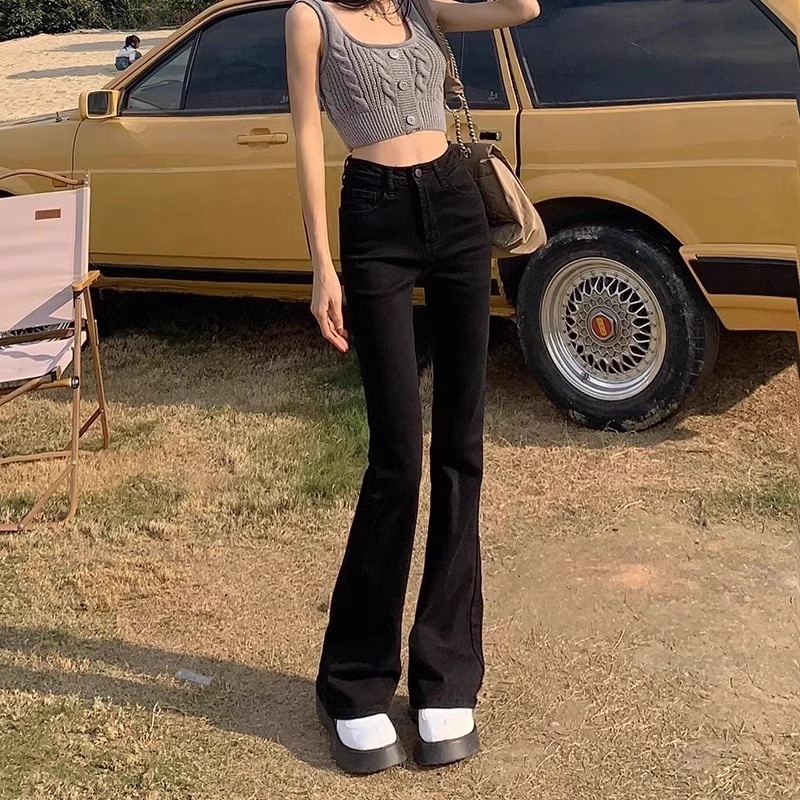 ChicShe Black High-Waisted Slimming Flared Jeans For Women, Spring And Autumn 2024 New Stretch Petite Cropped Bootcut Pants_voghion.com