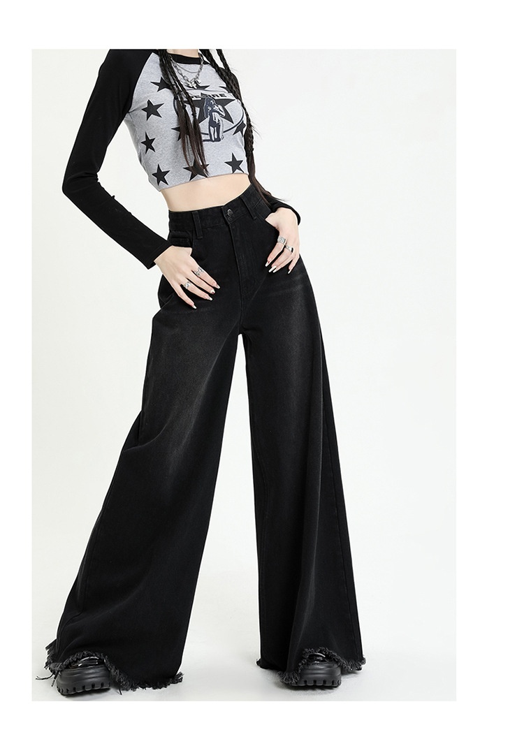 ChicShe ChicShe 2025 European American Cross-Border Street Style Black And Gray Wide-Leg Sweeping Pants Large Cuff Frayed Hem Jeans_voghion.com