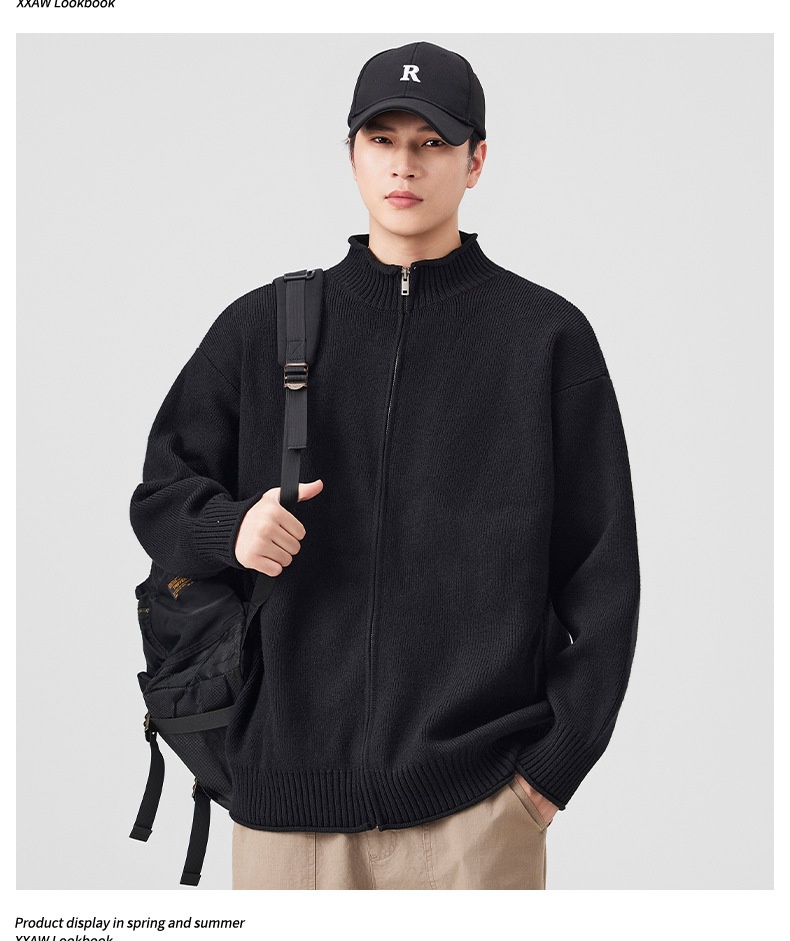 boy Boy Boy Boy Japanese Style Solid Color Heavyweight Zipper Cardigan Knitwear Versatile Casual Autumn Winter Light Sweater_voghion.com