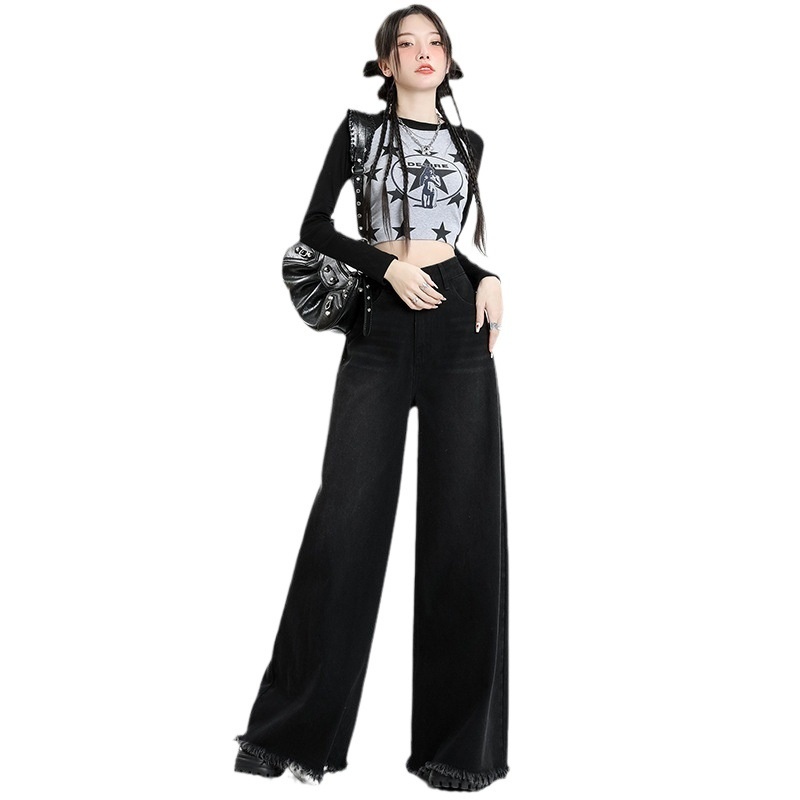 ChicShe ChicShe 2025 Europees-Amerikaanse Cross-Border Street Style Zwart en grijs wijde broek met grote manchetten en gerafelde zoom_voghion.com