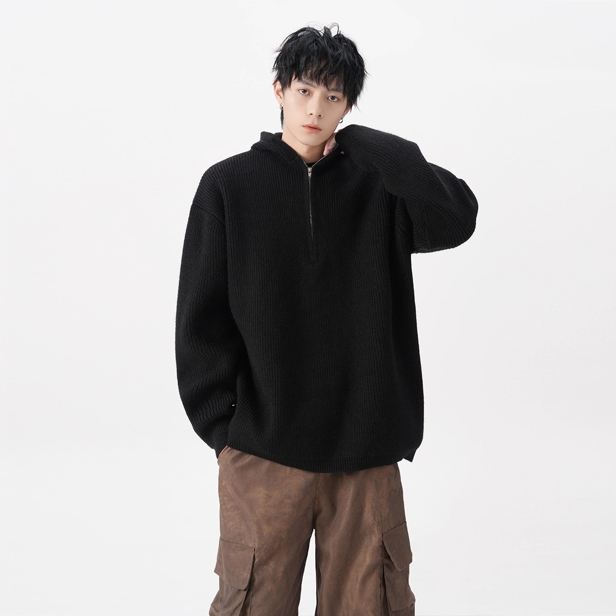 boy Boy Boy Boy Half-Zip Hooded Sweater For Men, Autumn Trendy Loose Cleanfit Knitwear, Lazy High-End Feel Couple's Jacket_voghion.com