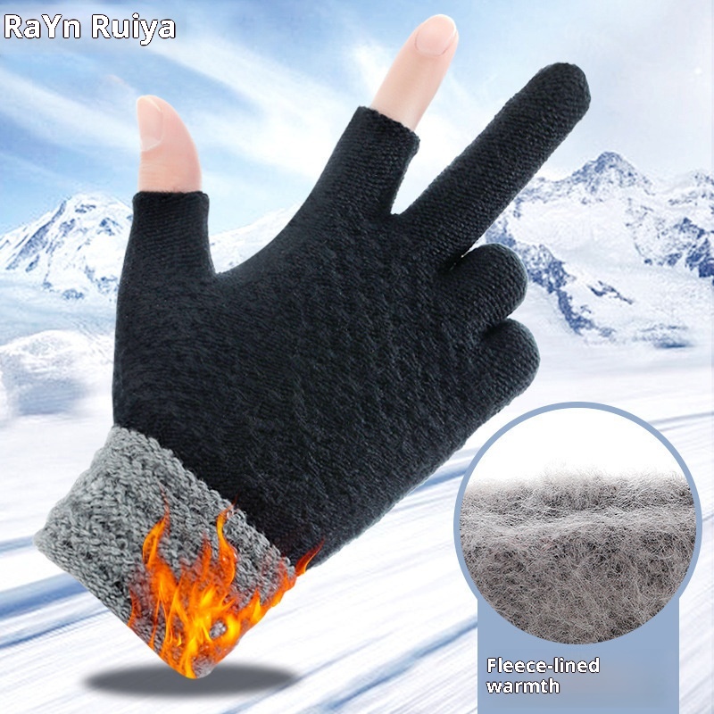 Guanti invernali da uomo e da donna, a due dita, per ufficio, per scrivere, senza dita, caldi, in maglia a blocchi di colore, con dita divise_voghion.com