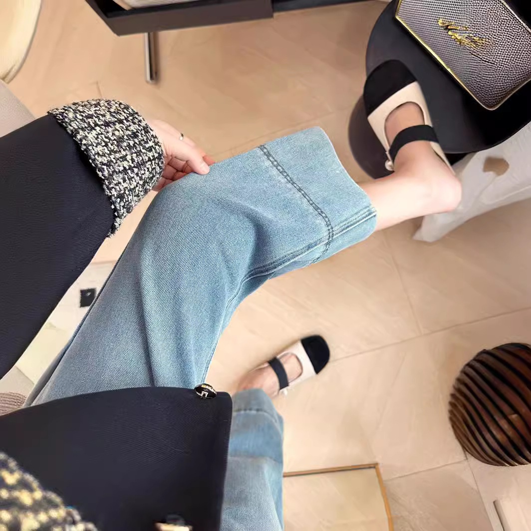 ChicShe Leg Hip-Covering - Jue! 2024 Autumn Narrow Wide-Leg Straight Pants Petite Slimming Nine-Point Jeans For Women_ecoleips.com