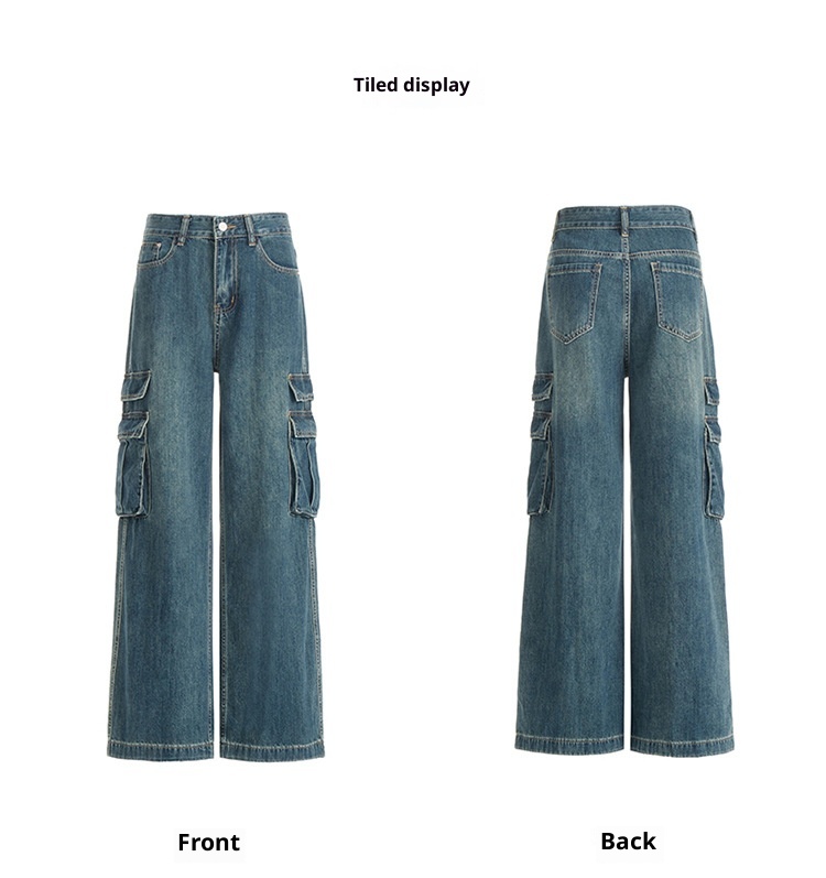 ChicShe Vintage Blue Washed Cargo Jeans For Women New American Retro High Waist Straight Wide Leg Pants_voghion.com