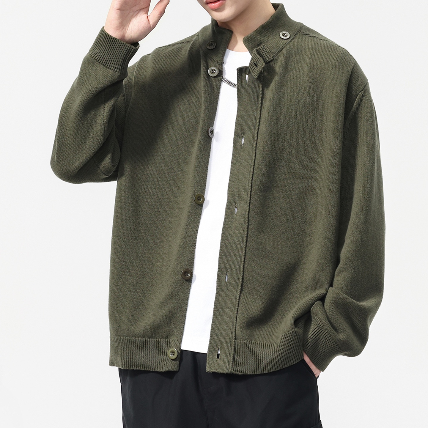 boy Boy Boy Boy 2025 Autumn Winter New Japanese Style Solid Color Stand Collar Cardigan Sweater Jacket Men Loose Casual Top_voghion.com