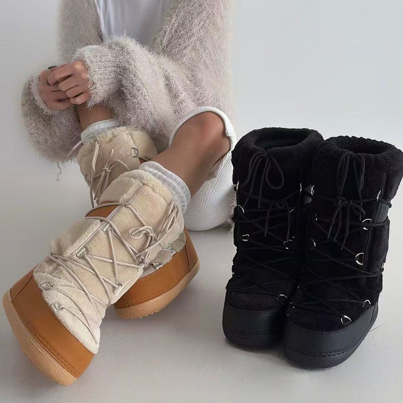 Zees 2025 New Thickened Ski Space With Lamb Wool Fur Patchwork High Tube Snow Boots For Export To Europe And America_voghion.com