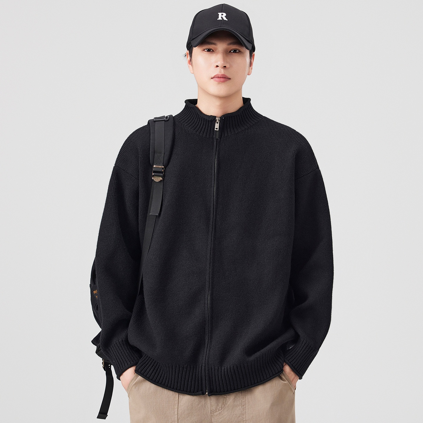 boy Boy Boy Boy Japanese Style Solid Color Heavyweight Zipper Cardigan Knitwear Versatile Casual Autumn Winter Light Sweater_voghion.com