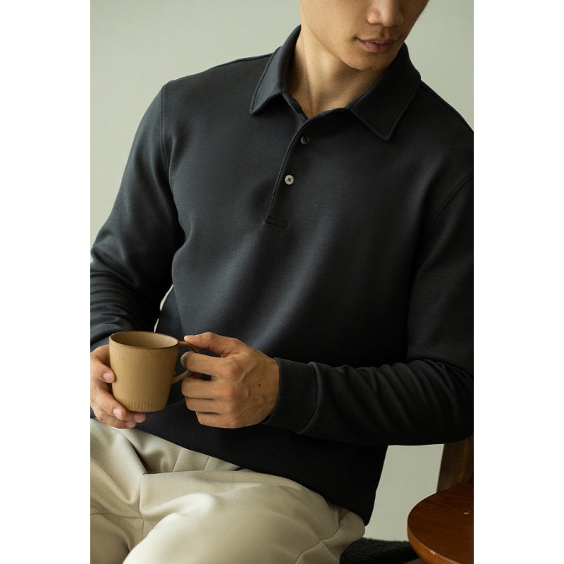 Polo da uomo a maniche lunghe con colletto rovesciato, stile business casual, stile pendolare, modello Boy, pesante, double-face, a strati d'aria, primavera 2025_voghion.com