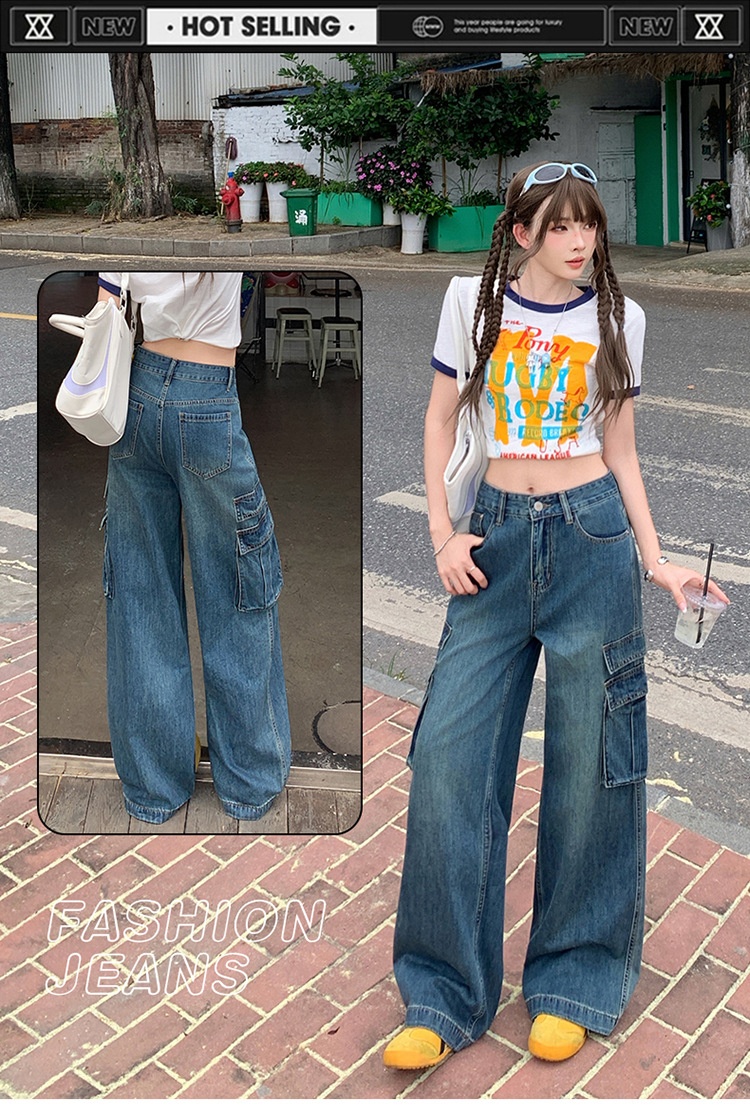 ChicShe Vintage Blue Washed Cargo Jeans For Women New American Retro High Waist Straight Wide Leg Pants_voghion.com