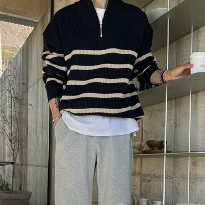 boy Boy Boy Boy Japanese Style Turn-Down Collar Sweater For Men, Autumn Korean Version, Lazy Style, Versatile Striped Pullover, Half-Zip_voghion.com