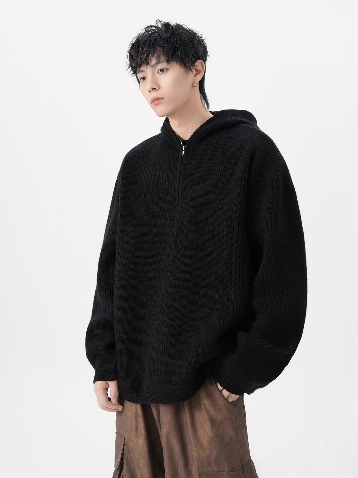 boy Boy Boy Boy Half-Zip Hooded Sweater For Men, Autumn Trendy Loose Cleanfit Knitwear, Lazy High-End Feel Couple's Jacket_voghion.com