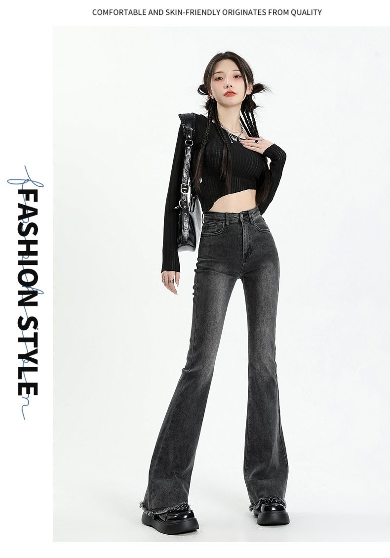 ChicShe Gray Jeans Women, Autumn High Waist Slimming Bootcut Pants, Petite Elastic Frayed Flared Trousers For Fall And Winter_voghion.com