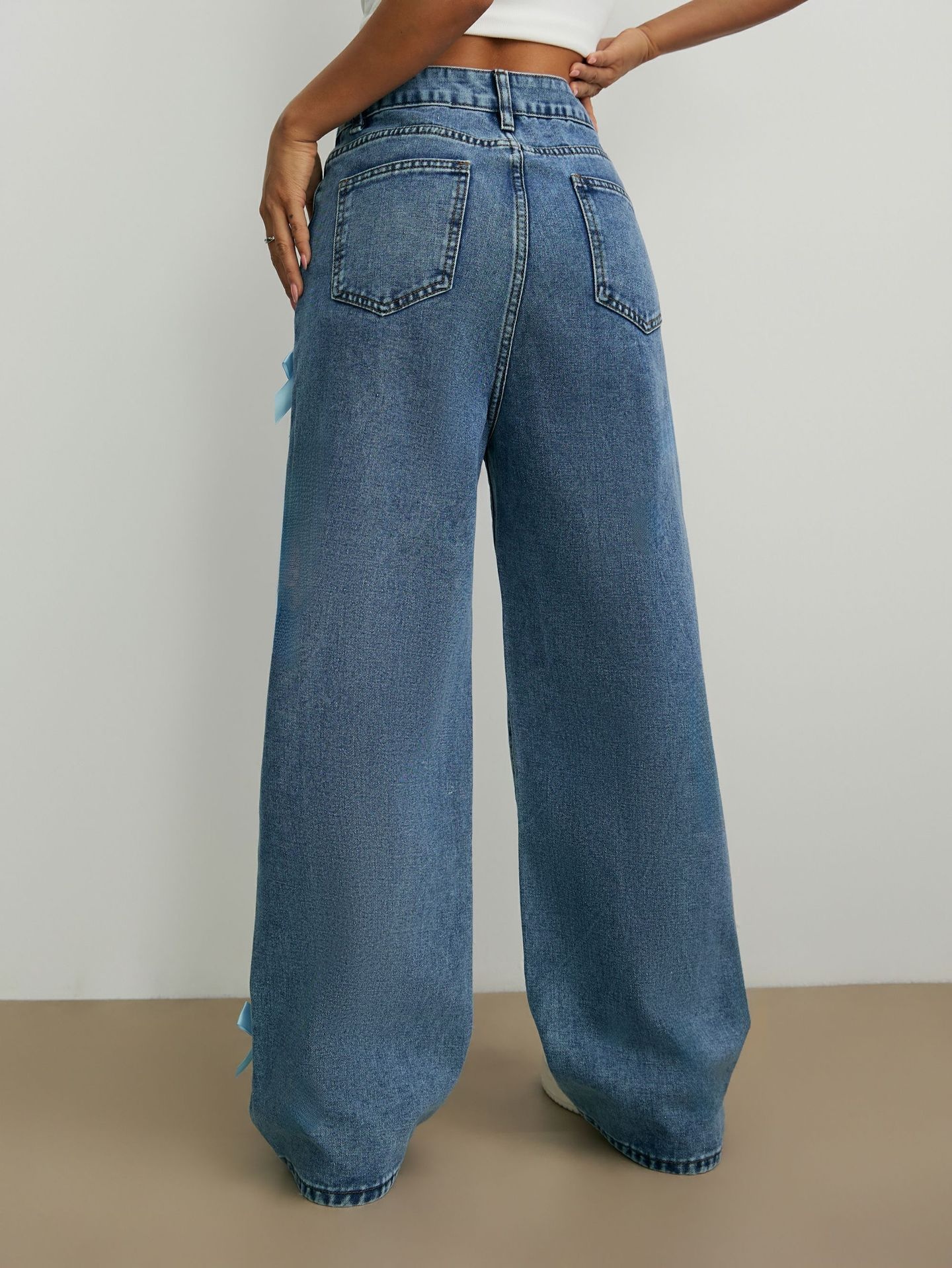 ChicShe Cross-Border Y2K Street Style Hot Girl Bow Washed Jeans Loose Straight Wide-Leg Pants JEANS_voghion.com